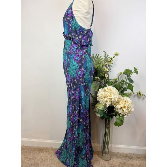 Spell * Peacock Floral Viscose Maxi Slip Dress Purple Teal Boho Ruffle | Large - Picture 8 of 14